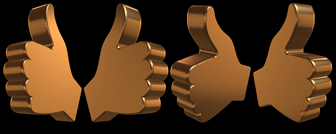 Golden thumb up in 3d dimensions. New likes concept. Black background. 3d illustration.