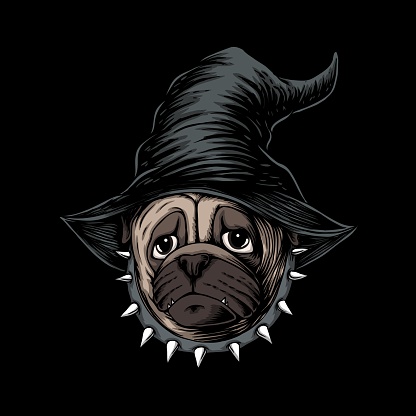 Halloween Pug dog wear hat witch vector illustration for your company or brand