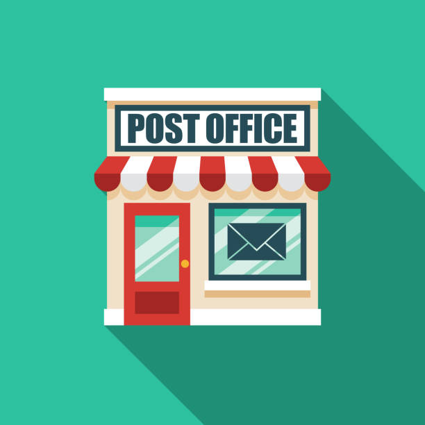Post Office Icon A flat design post office icon with long side shadow. File is built in the CMYK color space for optimal printing. Color swatches are global so it’s easy to change colors across the document. post office stock illustrations