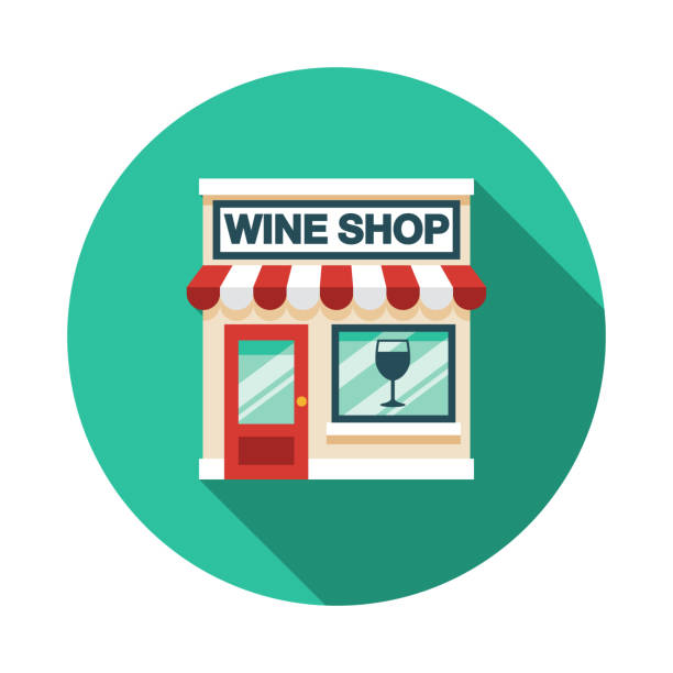 Wine Shop Icon A flat design wine shop icon with long side shadow. File is built in the CMYK color space for optimal printing. Color swatches are global so it’s easy to change colors across the document. buying liquor stock illustrations