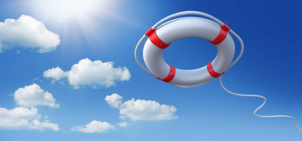 salva vita rosso e bianco con sfondo cielo blu - nautical vessel inflatable isolated empty foto e immagini stock