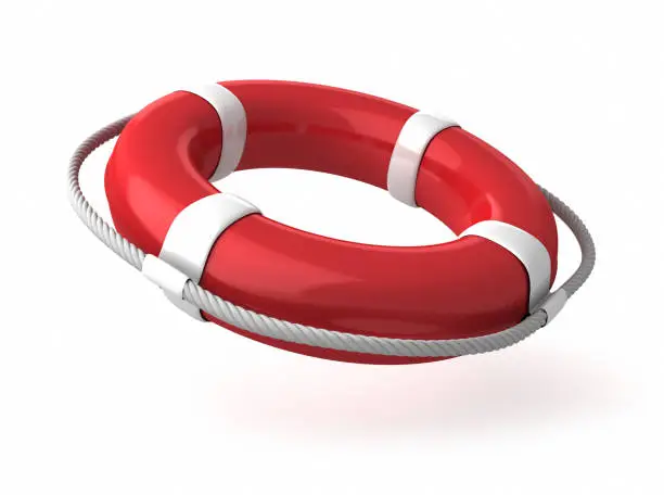 Photo of Red and white life saver on white background