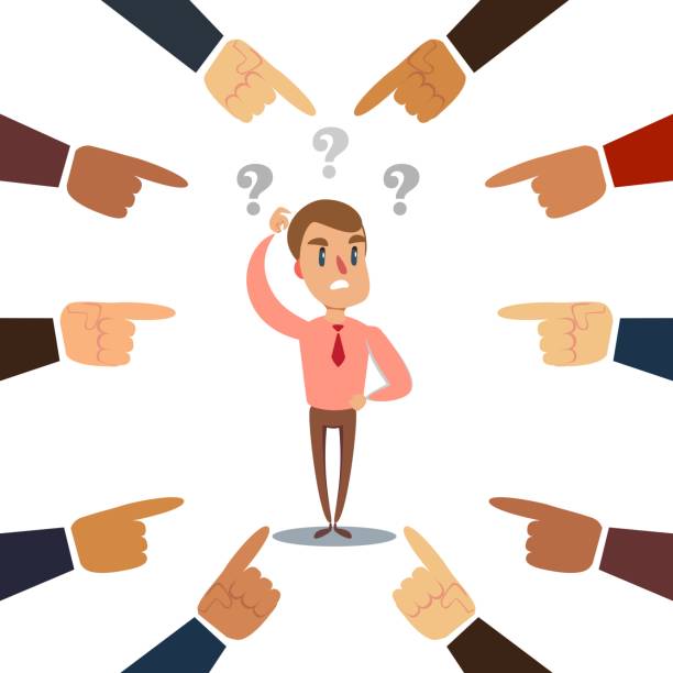 istock Plenty of crop hands fingers pointing at young man feeling guilty and being introvert. Man character on the knees 1273930000