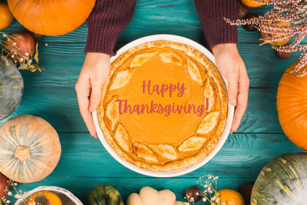 istock Thanksgiving flat lay with pumpkin pie 1273930700