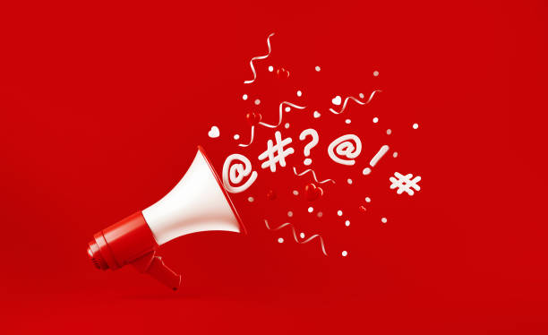 various social media symbols coming out of  a megaphone with paper confetti and party streamers falling on red background - announcement message fotos imagens e fotografias de stock