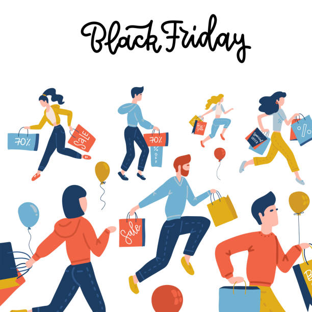 ilustrações de stock, clip art, desenhos animados e ícones de black friday square banner. flat vector cute illustration of people on the street shopping at the store for sales. isolated objects for banner, background or poster. men amd women running with bags. - christmas shopping store retail