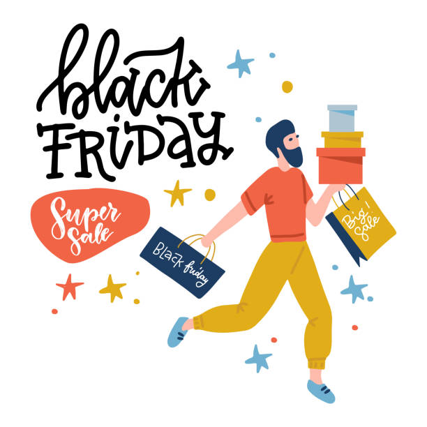 illustrations, cliparts, dessins animés et icônes de le gars du black friday court au magasin en vente. acheteur mâle retenant des sacs et des boîtes. homme de yoand avec la barbe sur le shopping. illustration vectorielle de conception plate avec lettrage. - shopping mall shopping sale retail