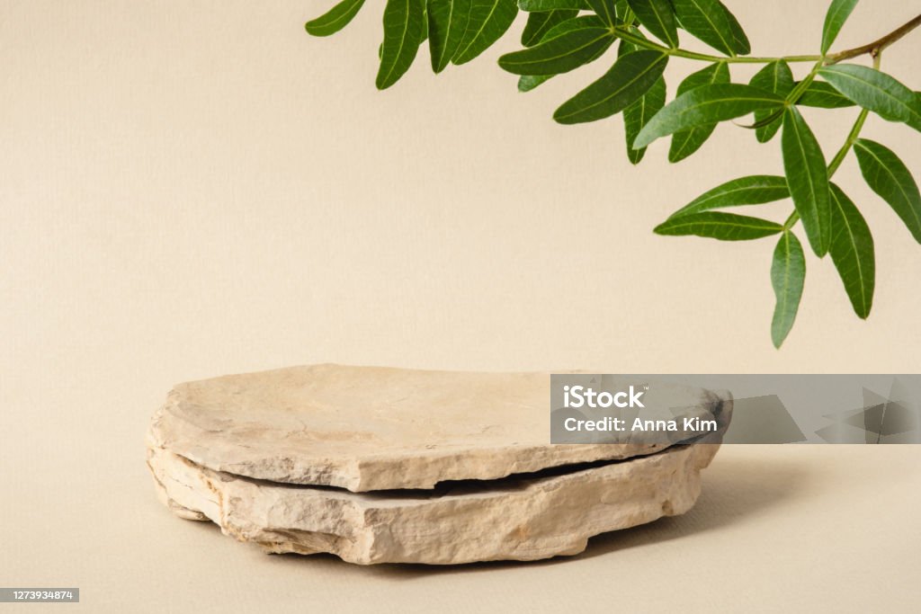 Background for cosmetic products of natural beige color. Background for cosmetic products of natural beige color. Stone podium with green leaves. Front view. Backgrounds Stock Photo