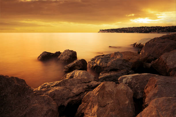 Mediterranean Sea Coastline During Orange Sunset.