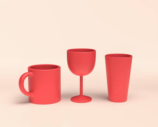 Beverage glasses with wineglass, water glass and coffee cup with monochrome flat solid red color in white background, 3d Icon, 3D rendering