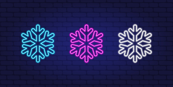 Neon snow icons set. Colorful glowing snowflakes vector icons. Vector illustration