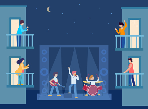 Musical concert under the balconies of houses, offices, hotels during quarantine. Open stage on city street. People on balconies clapping to musicians. Social distance. Vector illustration.