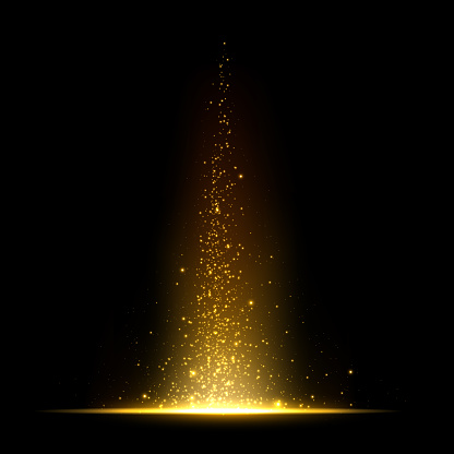Gold flare from dusty golden style is gathered in a circle. Gold sparkles with gold pieces isolated on black background. Gold shimmery dust with light effect. Vector illustration