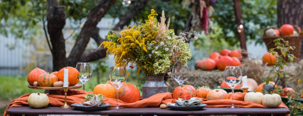 istock Fall themed holiday table setting arrangement for a seasonal party, banner 1273938140
