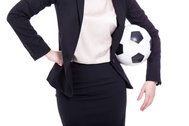 business woman with soccer ball isolated on white stock photo