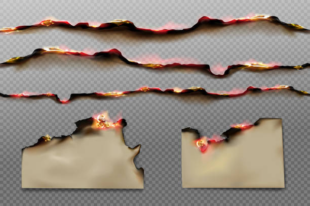 Burnt paper edges and parchment sheets with fire Burnt paper edges and parchment sheets with fire and black ash isolated on transparent background. Vector realistic set of borders and frames from scorched and smoldering paper pages with flame burnt paper stock illustrations