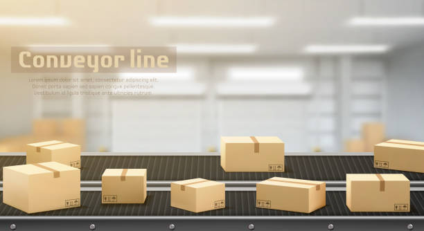 Conveyor line with carton boxes moving side view Conveyor line with carton boxes side view, industrial processing production belt, automated manufacturing engineering equipment on factory area blurred background, Realistic 3d vector illustration conveyor belt stock illustrations