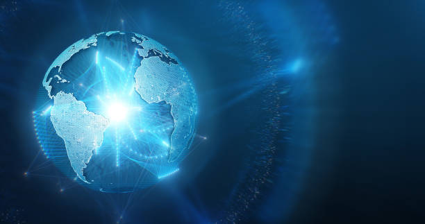 Futuristic Globe With Connection Lines - Global Communications, Hologram, Technology Abstract globe with complex connection lines, perfectly usable for a wide variety of topics related to media and technology. arise and shine stock pictures, royalty-free photos & images