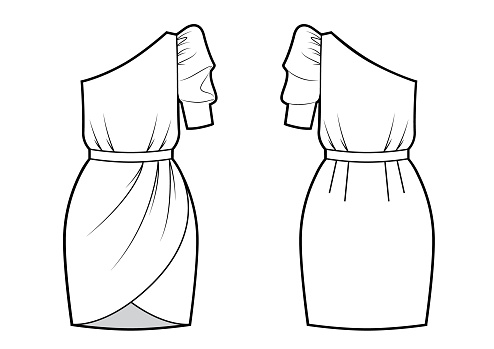 Technical Drawing Of Evening Dress With One Sleeve Front And Back Views ...