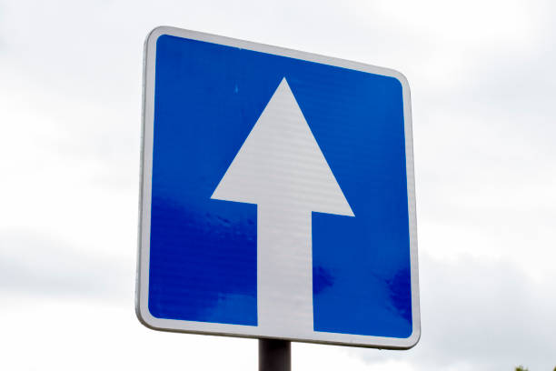 istock One way road sign on cloudy sky background, close-up. 1273941062