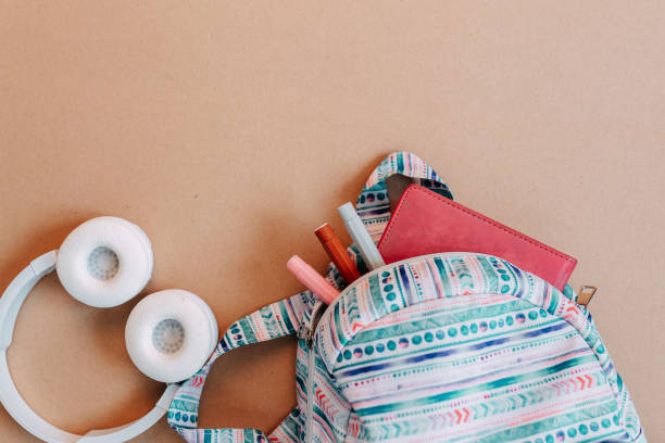 istock School supplies flat lay on craft paper background. Blue backpack, white headphones, notebook and pens with copy space. 1273942070