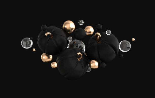 istock 3d render floating pumpkin on black background space. Minimal concept. Holiday decoration, black and golden pumpkin for celebration halloween event template 1273944149