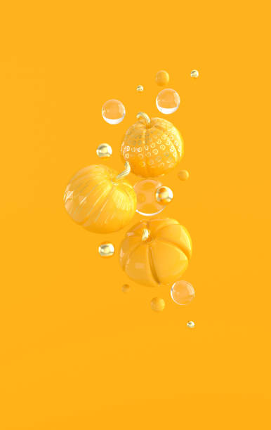 istock 3d render floating pumpkin on yellow colored background space. Minimal concept. Holiday decoration, golden and yellow pumpkin for celebration halloween event template 1273944150