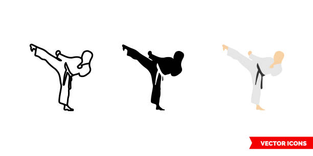 ilustraciones, imágenes clip art, dibujos animados e iconos de stock de icono de karate de 3 tipos de color, blanco y negro, contorno. símbolo de signo vectorial aislado - taekwondo