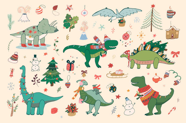 Dinosaur Christmas Happy New Year Illustrations Set Stock Illustration -  Download Image Now - iStock
