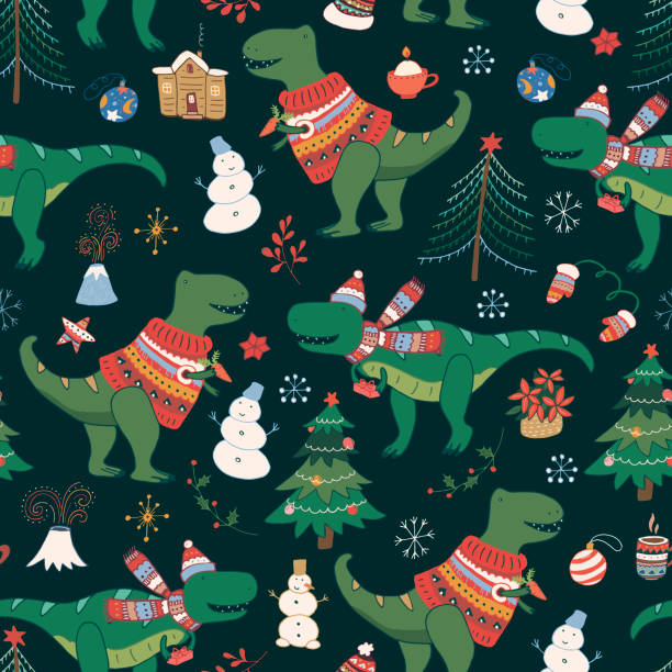 Dinosaur Christmas Happy New Year Pattern Stock Illustration - Download  Image Now - Dinosaur, Christmas, Backgrounds - iStock