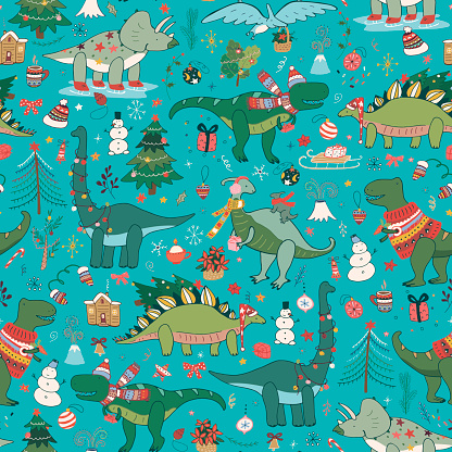 Dinosaur Christmas Happy New Year Pattern Stock Illustration - Download  Image Now - Christmas, Dinosaur, Animal - iStock
