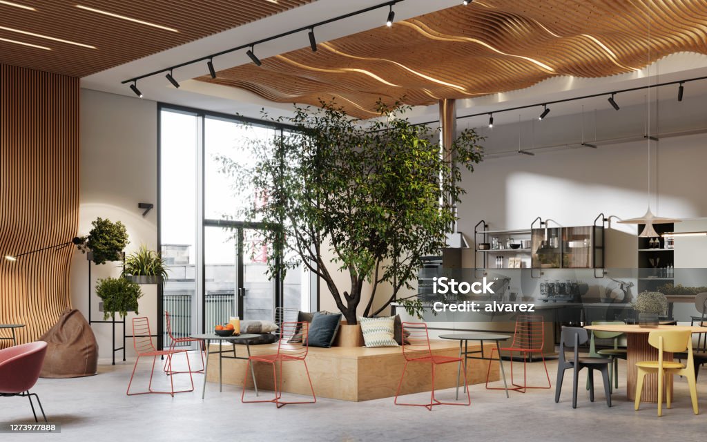 Creative office interior with cafeteria in 3d Creative office interior with cafeteria. 3D Rendering of modern and bright open plan office space. Office Stock Photo