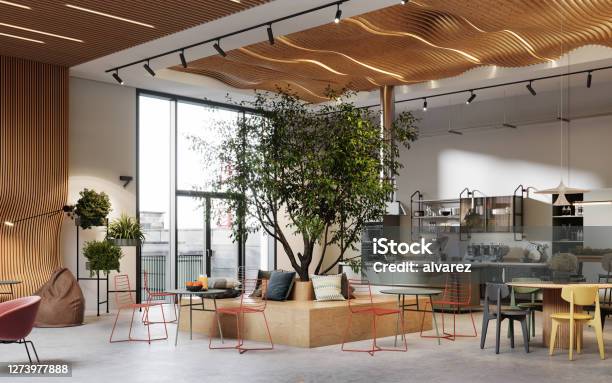 Creative Office Interior With Cafeteria In 3d Stock Photo - Download Image Now - Office, Cafe, Coworking