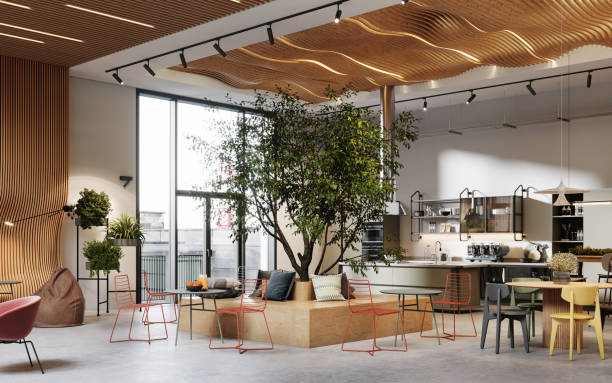 творческий интерьер офиса с кафетерием в 3d - house indoors lighting equipment ceiling стоковые фото и изображения