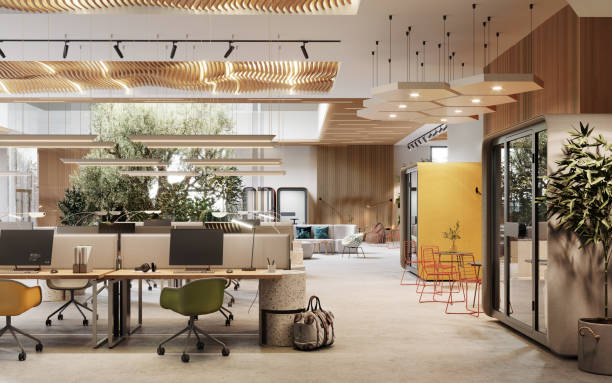 imagen 3d de un espacio de oficina de coworking respetuoso con el medio ambiente - modern office fotografías e imágenes de stock