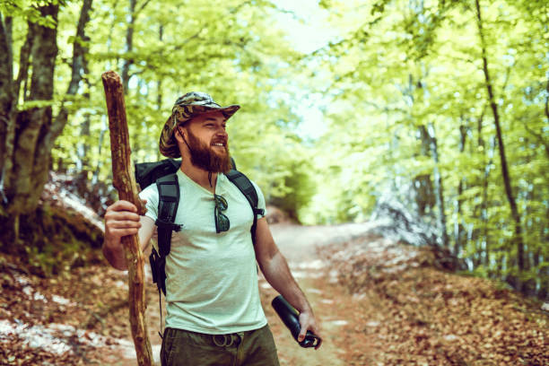 A lone mature adult hiker hikes through the woods headed in to the mountains. Shot in Washington state on the Olympic Peninsula.