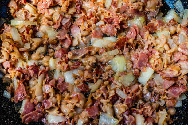 istock Fried bacon with onions in the frying pan 1273985426