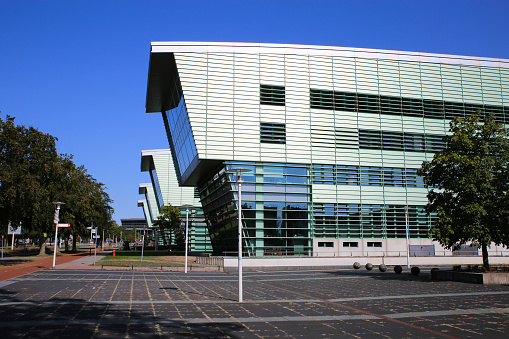 Nijmegen, Netherlands - September 9. 2020: View over square on modern dutch building at Radbout university