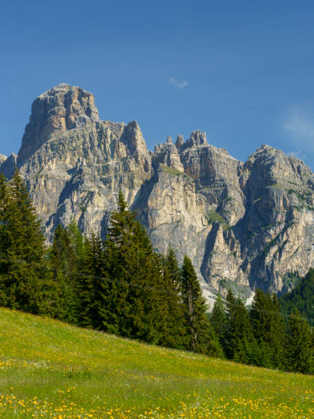 mountain landscape along the road to campolongo pass, dolomites - cordevole valley stock-fotos und bilder