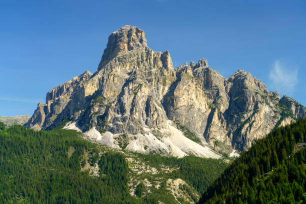 mountain landscape along the road to campolongo pass, dolomites - cordevole valley stock-fotos und bilder