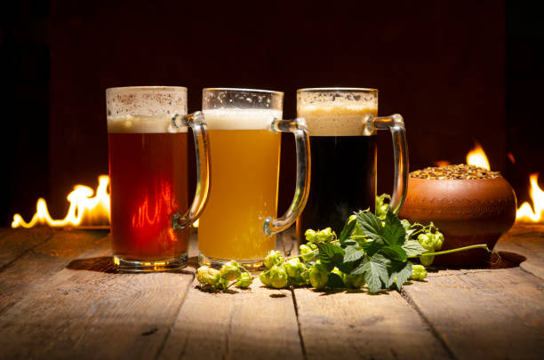istock Beautiful composition with beer, hop and wheat grain against the fireplace 1273997050