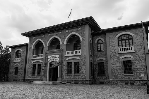 Ankara/Turkey-August 22 2020: The first building of the Grand National Assembly of Turkey in Ankara Ulus (TBMM). Black and white version the building.