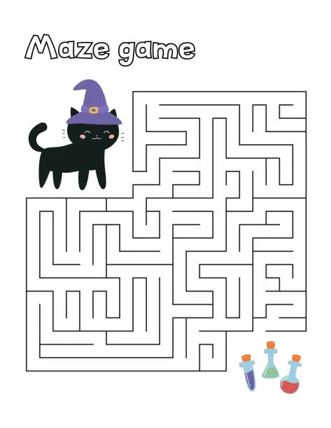 Vector illustration of Halloween maze game for preschool kids.