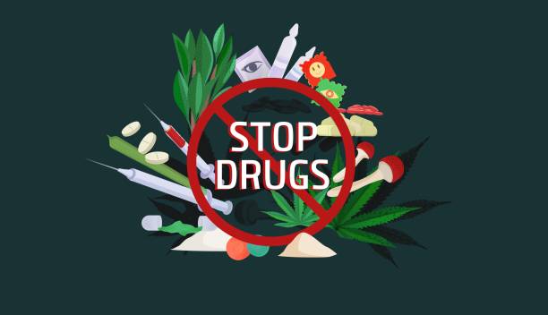 ilustrações, clipart, desenhos animados e ícones de pare o pôster das drogas. perigos do uso de drogas prevenção abuso de anfetaminas de cocaína. - drug awareness
