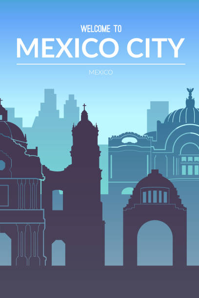 Mexico city famous cityscape view background. vector art illustration