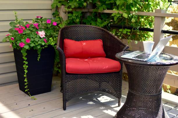 istock Outdoor sheltered deck space set up for home office work during Covid-19 working at home 1274077342