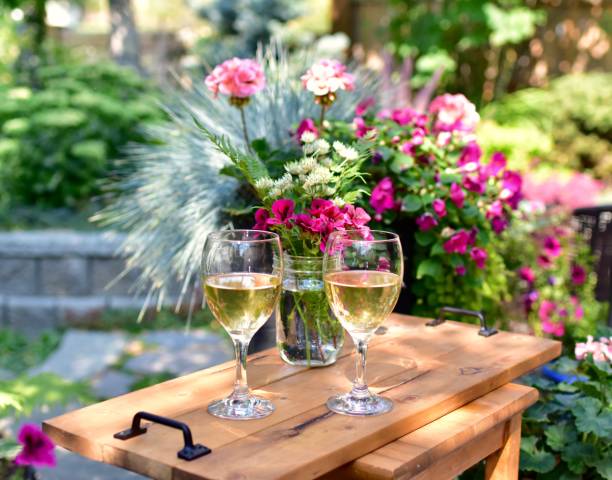 Outdoor al fresco dining setting at romantic cozy cafe in beautiful patio setting to enjoy a lovely evening in warm weather Relaxing glass of wine ready for sipping in beautiful lush garden setting for special events or summer evenings at home backyard canada close up color image day stock pictures, royalty-free photos & images