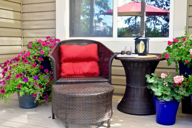 istock Backyard deck with comfortable seating for relaxing and reading with a refreshing glass of wine on warm summer days 1274079374