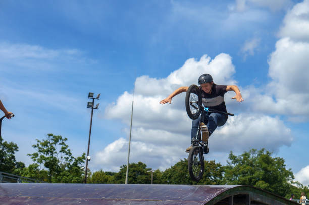freestyle bike, extreme Cycling, youth in a skate Park, stunt bikes, Kaliningrad skate Park stock photo