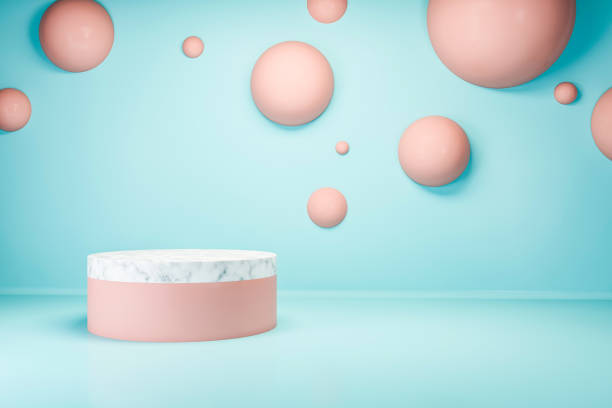 istock Pink and marble platform in blue and pink room 1274133158